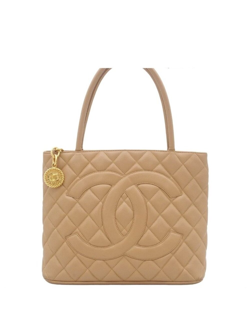Chanel Reissue Tote Bag Beige Gold Caviar Leather Quilted CC Logo Vintage